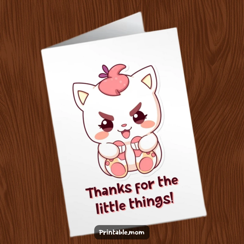 Funny Free Printable Thank You Card of a character with a mischievous grin hiding tiny socks, a fun way to express thanks.