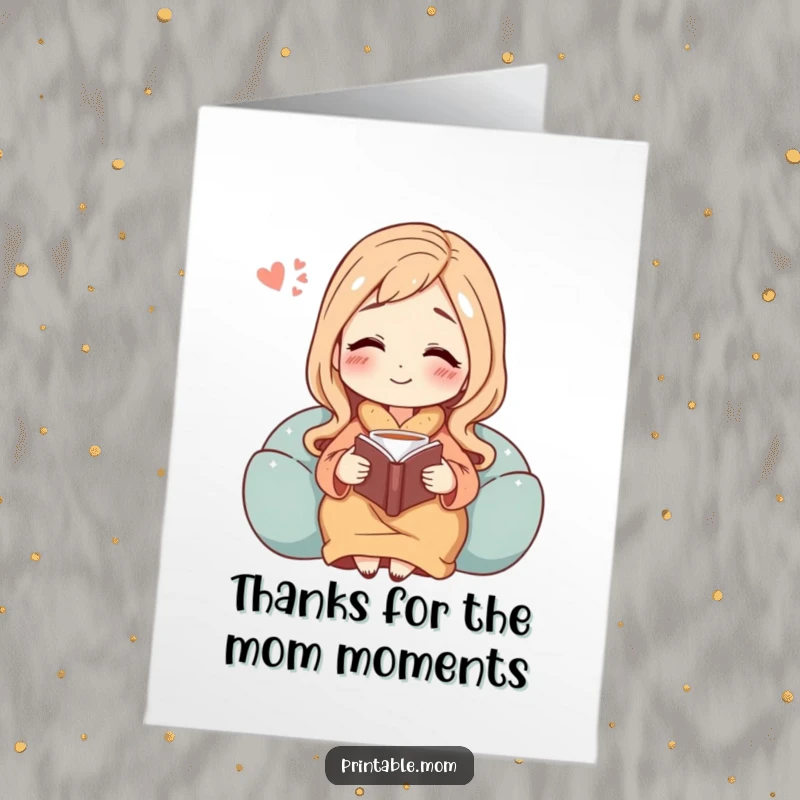Funny Free Printable Thank You Card Mom: Mom embraces calm with tea and a book, sending sincere thanks with a happy sigh.