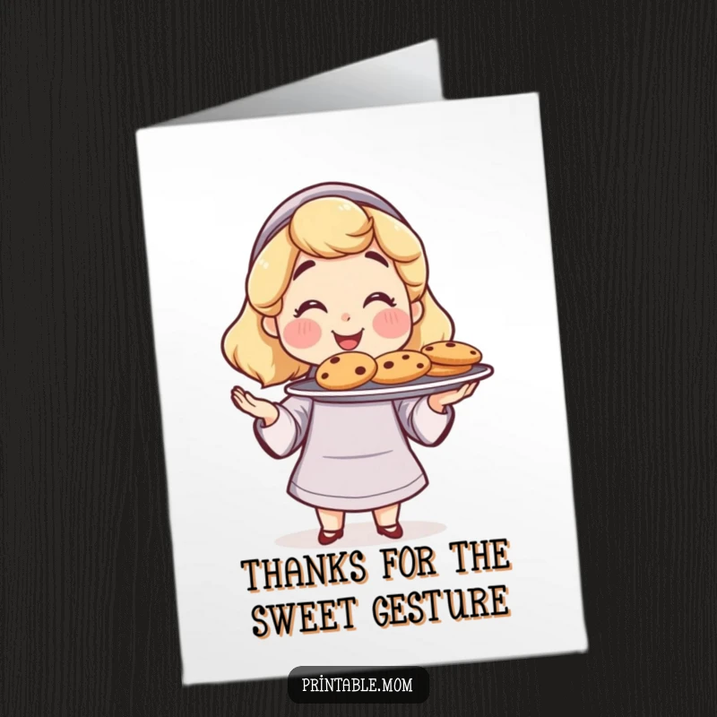 Free Printable Thank You Card: Mom beams with pride offering a plate of freshly baked cookies, a sweet thank you.