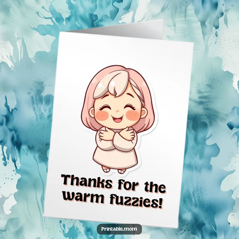 Funny free printable thank you card depicting a beaming mom character extending a warm, loving hug.