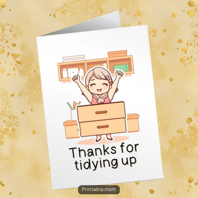Funny Free Printable Thank You Card Mom: Mom holds up a perfectly arranged drawer, expressing gratitude with a triumphant smile.