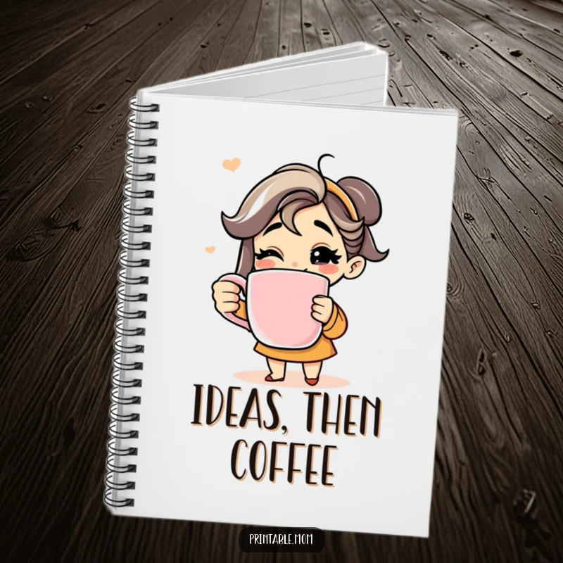 Funny notebook with a happy mom character holding a large coffee mug, her wide grin indicating coffee satisfaction.