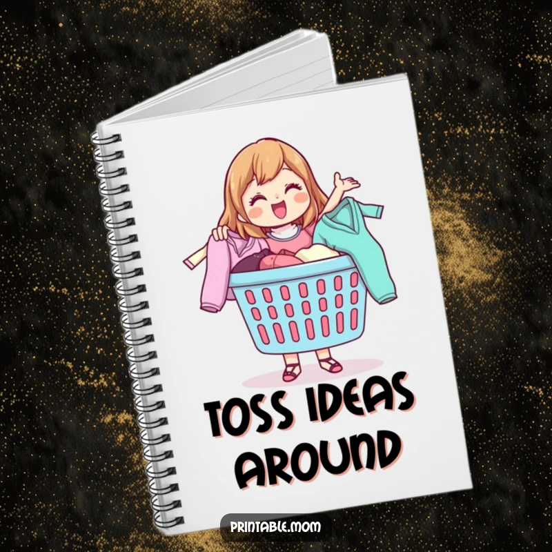 Funny notebook with a happy mom character energetically tossing clothes from a laundry basket, ideal for notes and lists.