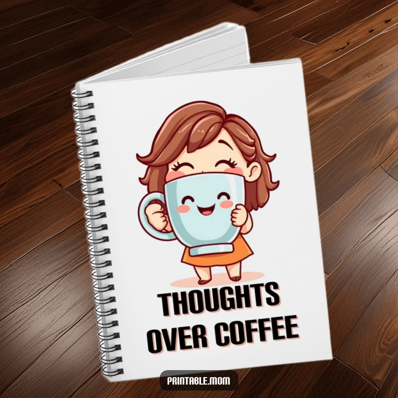 Funny notebook featuring a smiling mom holding a giant coffee mug, perfect for jotting down thoughts.