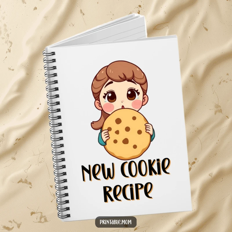 Funny mom notebook with a surprised mom holding a giant cookie, great for jotting down recipes or daily thoughts.