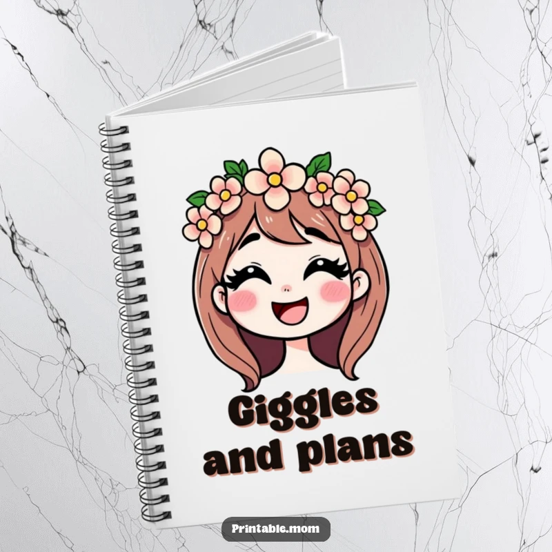 Funny notebook illustration of a mom with a flower crown giggling, for jotting down notes with maternal charm.