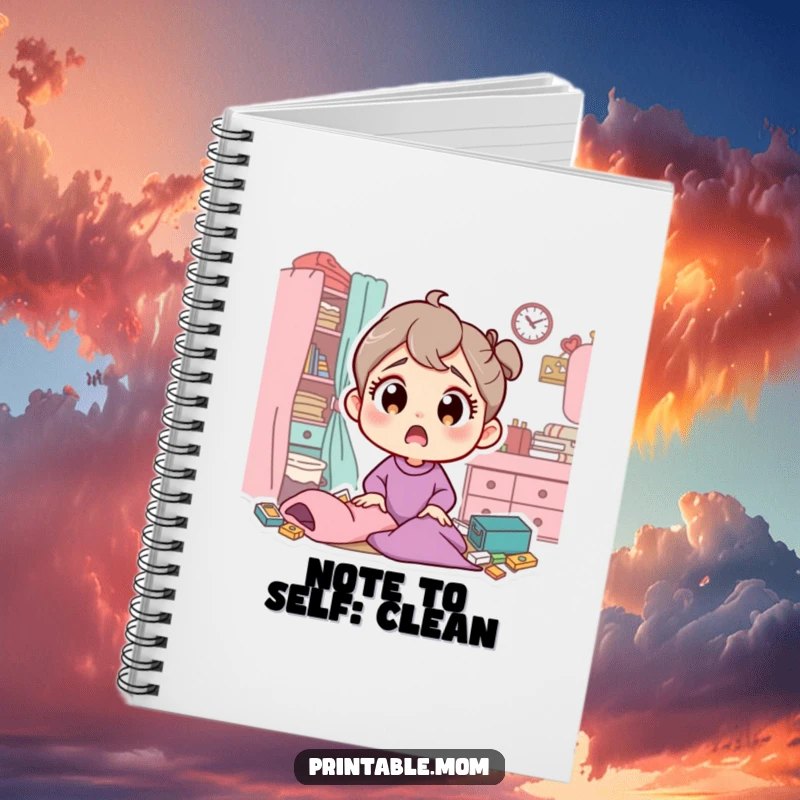 Funny notebook with a mom illustration showing wide, surprised eyes at a messy room, perfect for notes and planning.