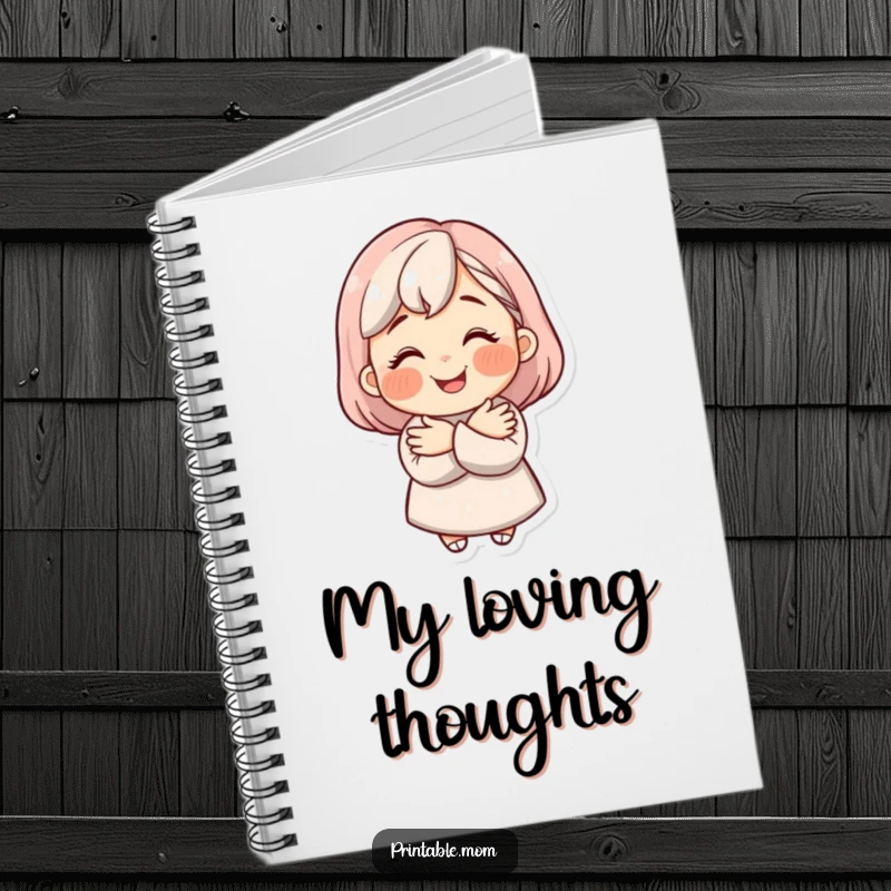 Funny mom character with a beaming smile offering a warm hug on the cover of a mom-themed notebook.