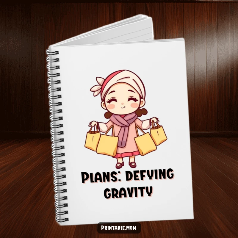 Funny mom notebook featuring a woman juggling grocery bags, perfect for jotting down thoughts and plans.