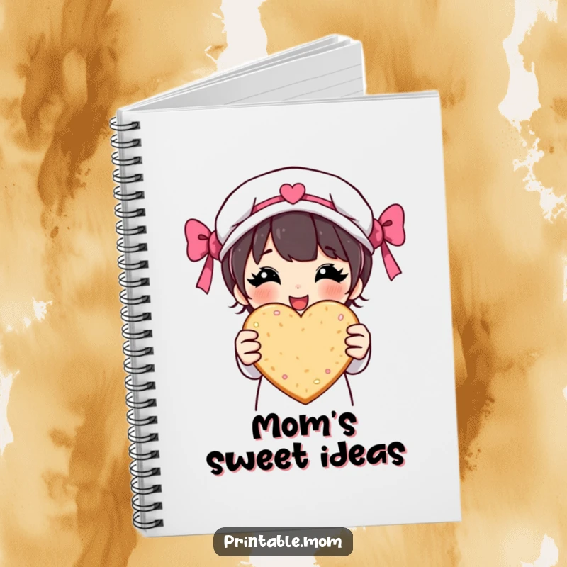 Funny notebook with a proud mom character presenting a heart-shaped cookie, ideal for jotting down notes, recipes, or daily thoughts.