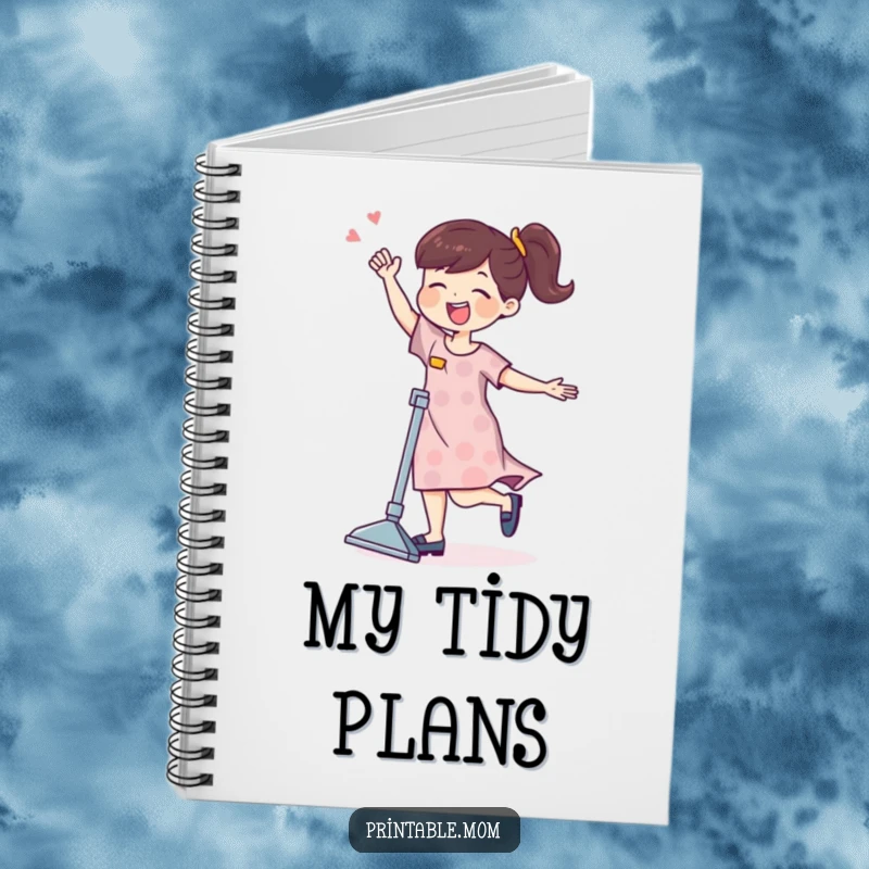 Funny mom character joyfully dancing with a vacuum cleaner on the cover of a chore-themed notebook.