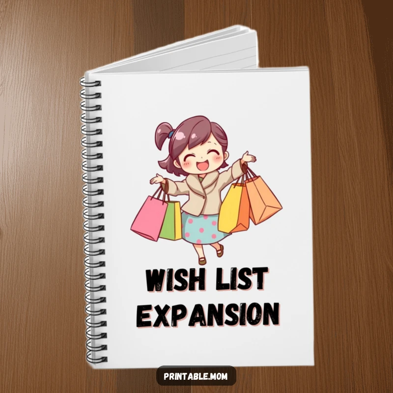 Funny mom notebook with a joyful mom balancing shopping bags, great for errands, lists, or daily notes.