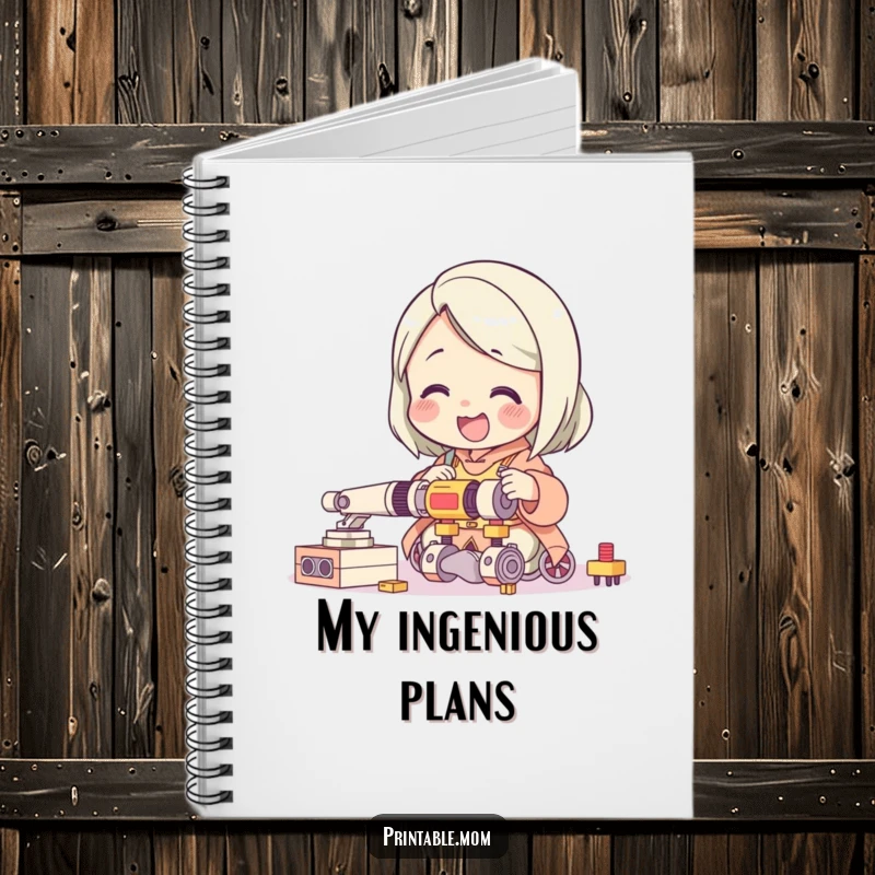 Funny notebook with a giggling mom character delightedly assembling a complicated toy, ideal for jotting down parenting notes with humor.