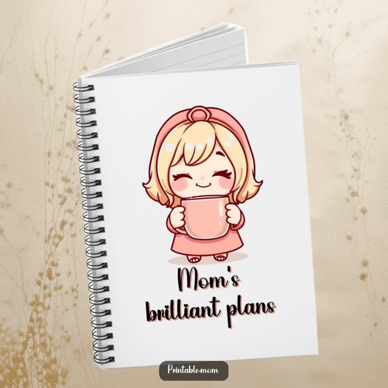 Funny Mom Notebook with a mom character giving a playful wink, holding a steaming mug.