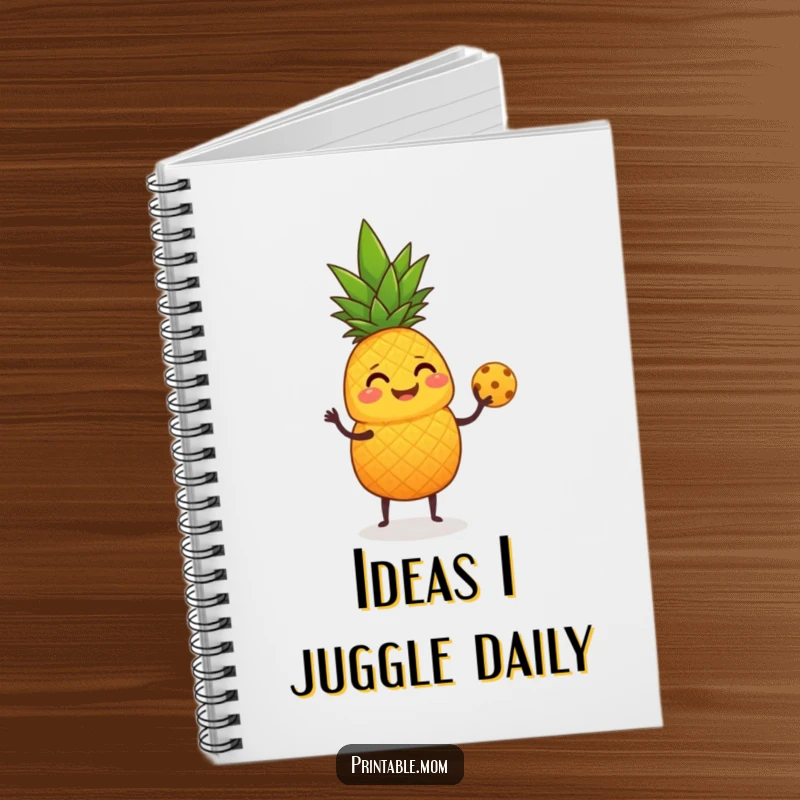 Funny Notebook with a giggling pineapple juggling fruit using its leafy top.