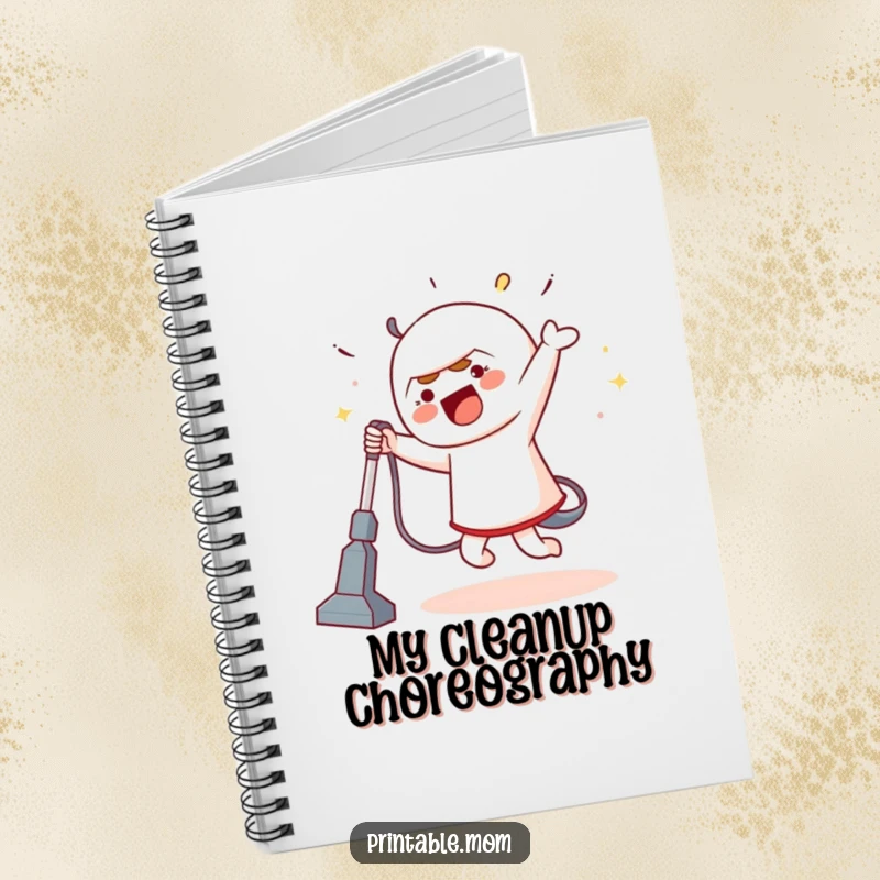 Funny notebook featuring a character dancing with a vacuum cleaner, perfect for notes and creative thinking, a humorous stationery item.