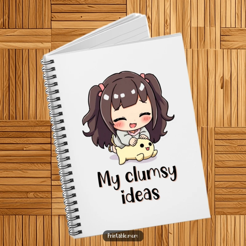 Funny mom notebook with a smiling mom tripping over a toy, great for jotting down notes or to-do lists.