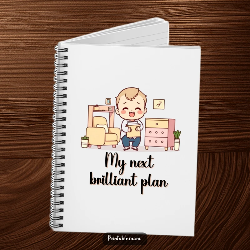 Funny notebook with a character comically baffled by flat-pack furniture assembly instructions on the cover.