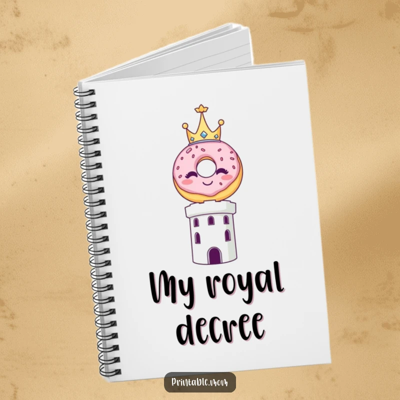 Funny notebook cover featuring a smiling donut wearing a small crown, balanced atop a decorative tower.