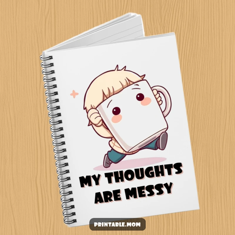 Funny Notebook: Character comically tripping while holding a giant coffee mug, perfect for journaling and doodling.