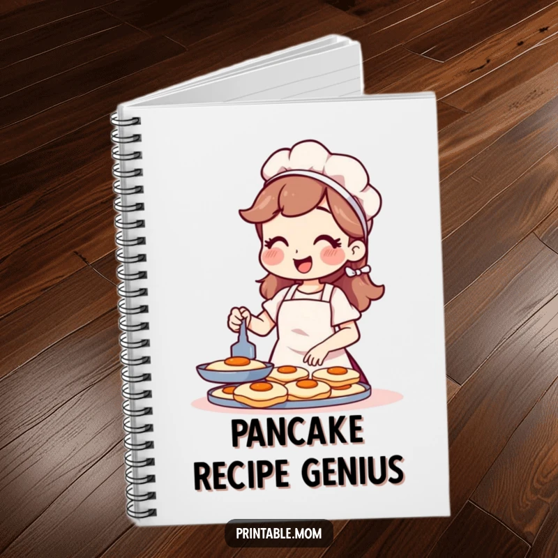 Funny notebook featuring a cheerful mom in an apron flipping pancakes, perfect for recipes.