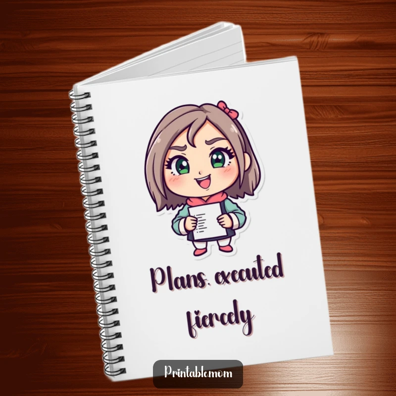Funny Mom Action Notebook featuring a determined character planning a to-do list, perfect for notes and goals, a useful funny gift.