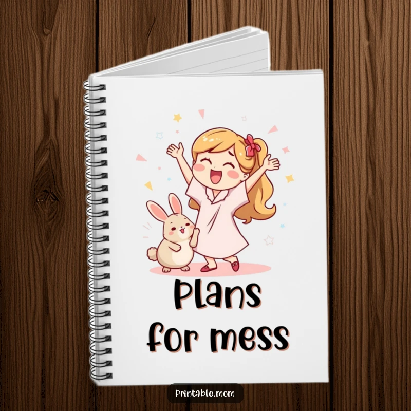 Funny notebook cover showing a mom dancing with a dust bunny, designed for jotting down ideas and tasks.