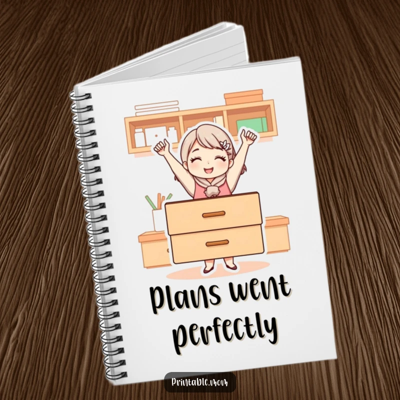 Funny notebook cover illustration of a mom character holding up a perfectly organized drawer, celebrating her triumphant organizational skills.