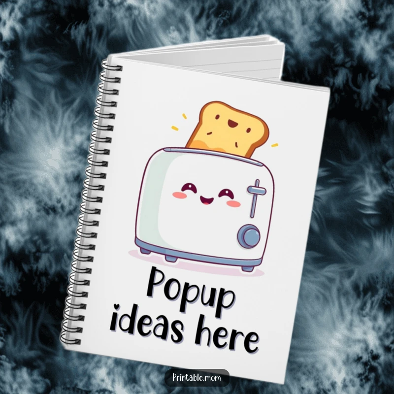 Funny notebook cover showing a smiling toaster with toast launching out in surprise, ideal for students and journalers.