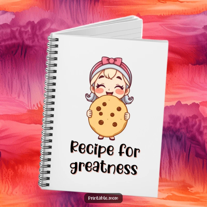 Funny notebook cover featuring a cheerful mom proudly presenting a giant, perfect cookie, intended for recipe writing.