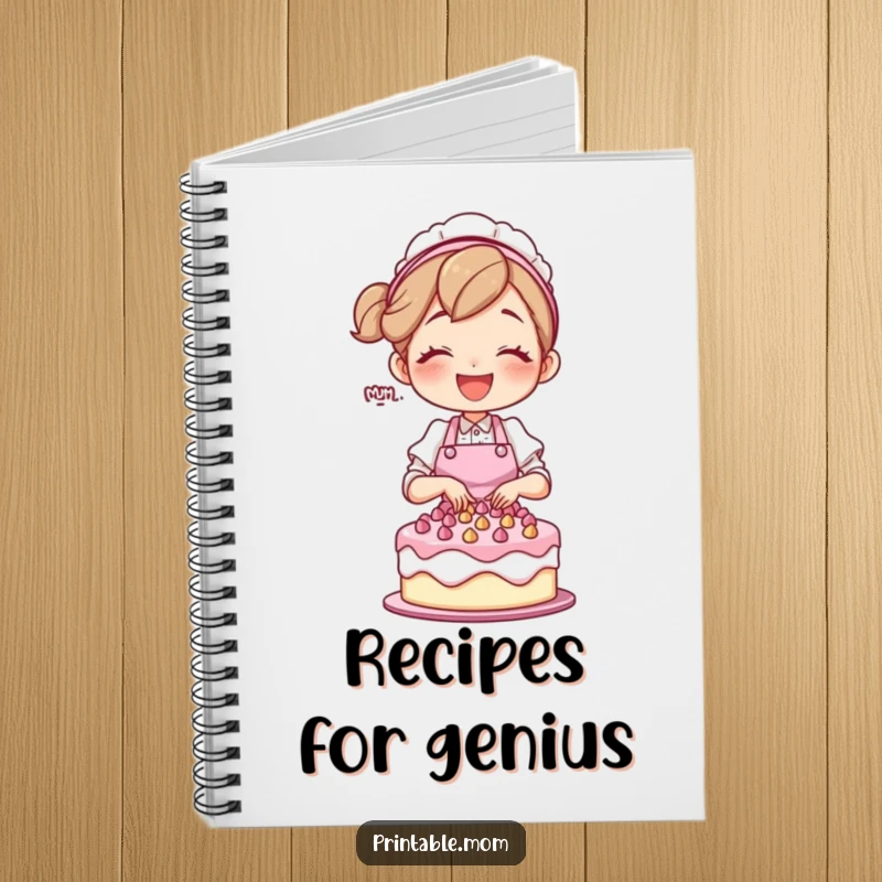 Funny mom character in an apron, joyfully decorating a cake, on the cover of a lined notebook.