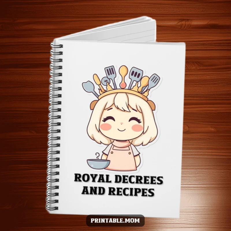 Funny notebook cover with a smiling mom wearing a crown made of kitchen utensils, ready to record brilliant ideas.