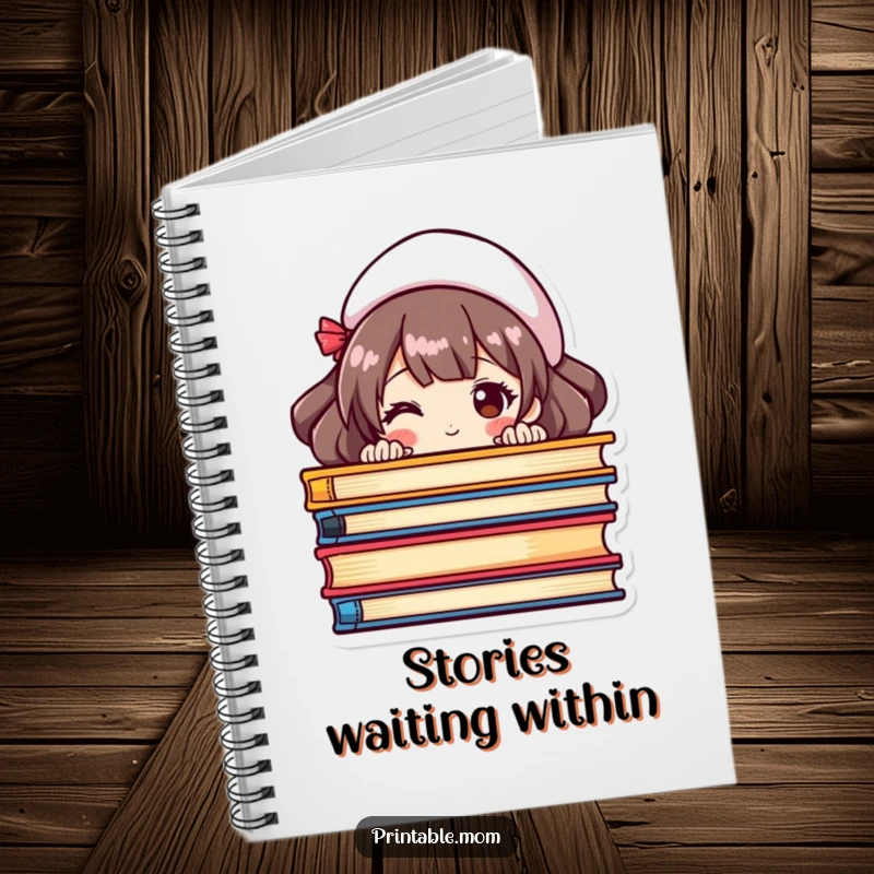 Funny notebook with a mom peeking from behind a stack of colorful books, ideal for jotting down reading notes.