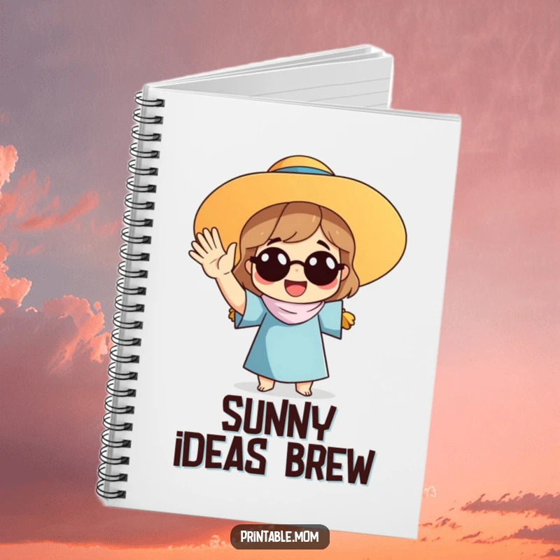 Funny notebook illustration of a mom with a sun hat waving, for jotting down notes with maternal enthusiasm.