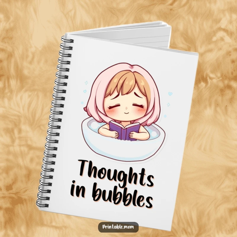 Funny notebook cover with a tired, smiling mom character relaxing in a bubble bath, reading a book, symbolizing peaceful thoughts.