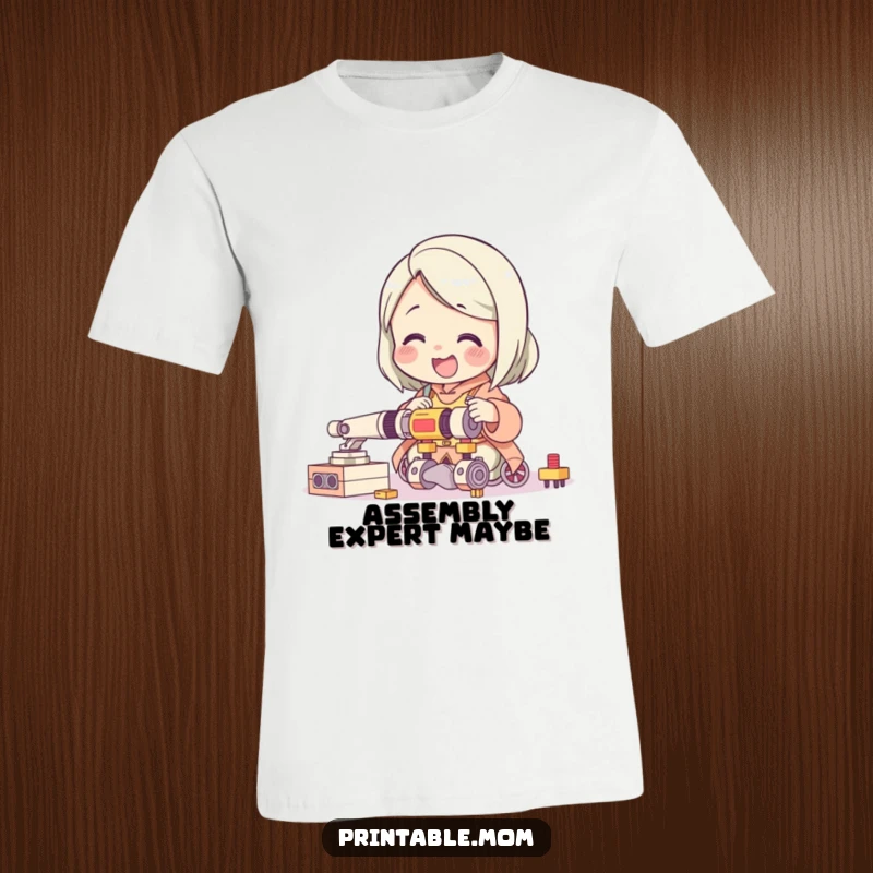 Funny t-shirt of a giggling mom character attempting to assemble a complex toy, celebrating the humorous triumphs of motherhood.