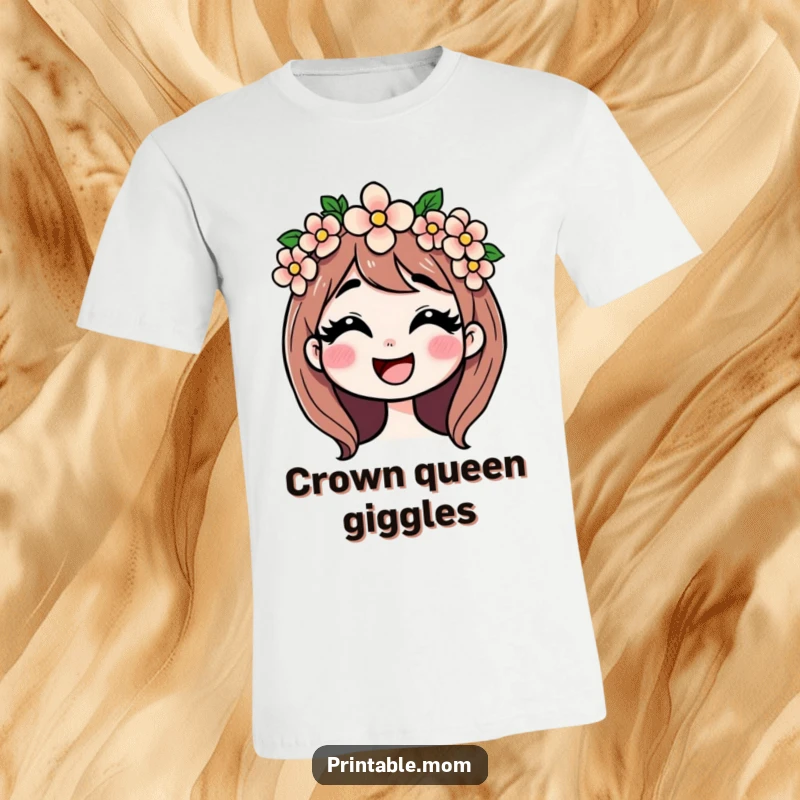 Funny T-shirt of a mom with a flower crown giggling joyfully, celebrating motherhood with a touch of whimsical delight.