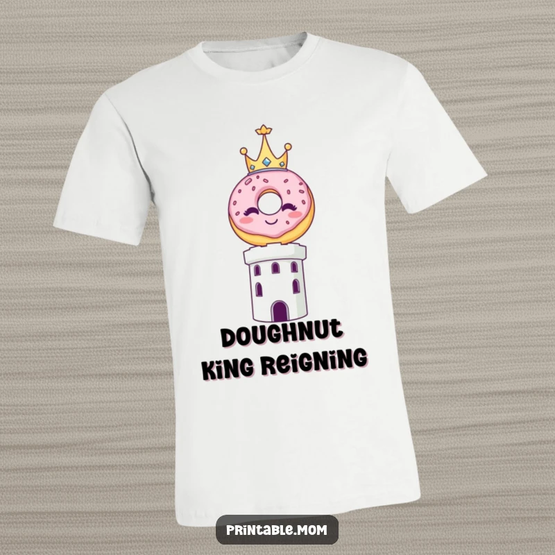 Funny T-shirt showcasing a smiling donut adorned with a small crown, skillfully balancing on a tall tower.
