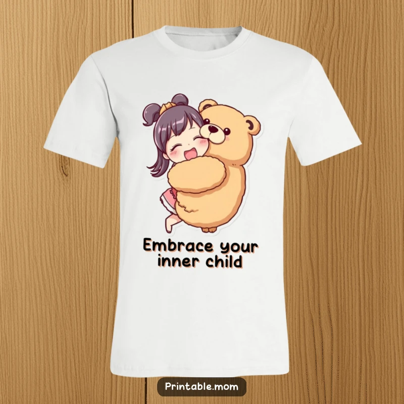 Funny Mom T-Shirt of a mom character enthusiastically hugging a giant stuffed animal, showing pure joy.