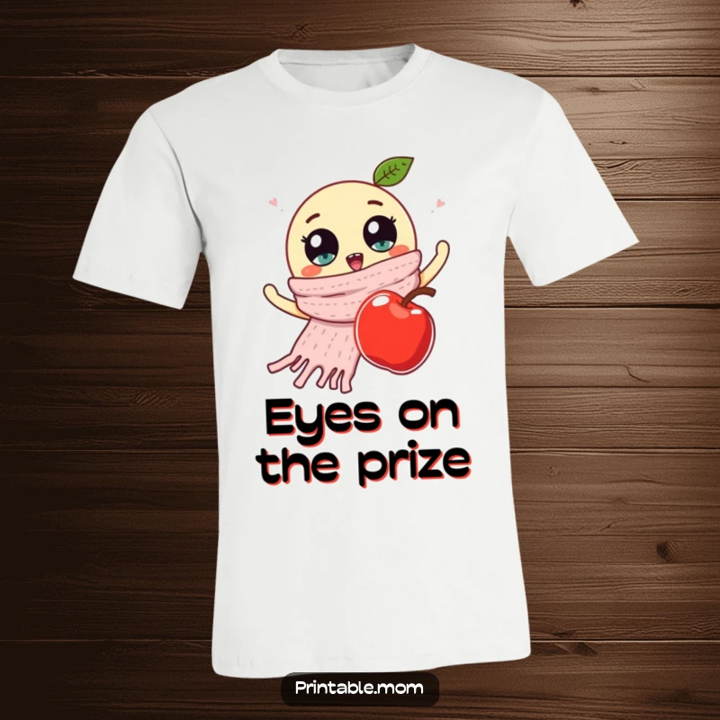 Funny T-shirt illustrating a knitted scarf with wild googly eyes, waving frantically at a falling apple, symbolizing autumnal chaos.