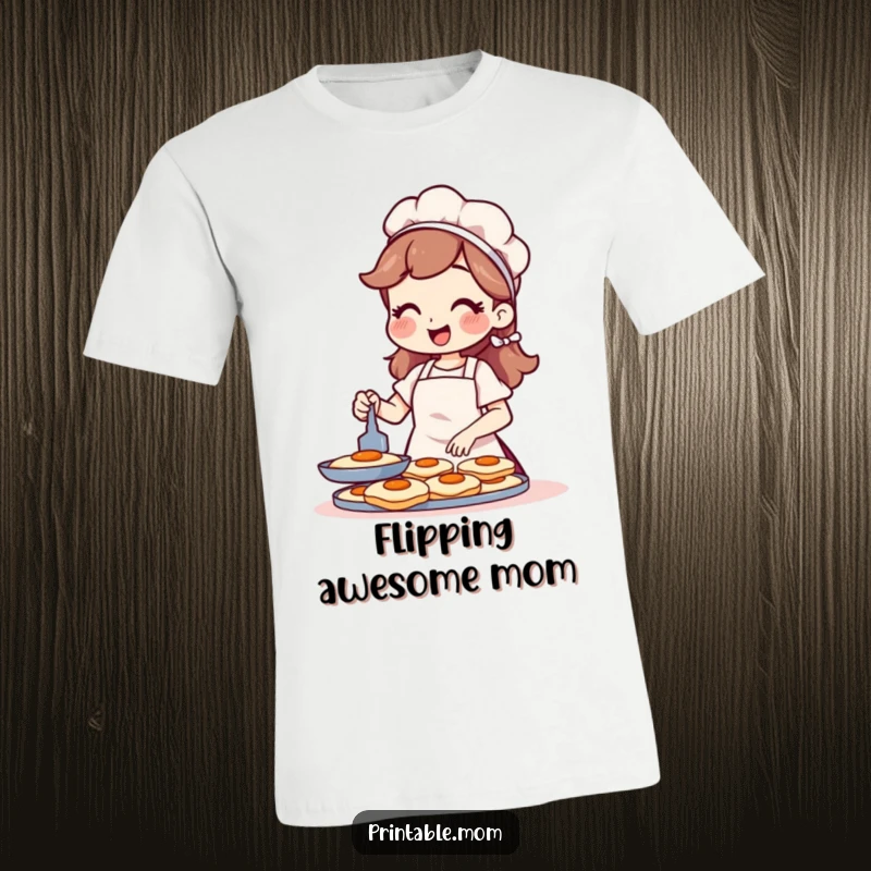 Funny t-shirt of a cheerful mom wearing an apron, flipping pancakes with a joyful and skilled demeanor.