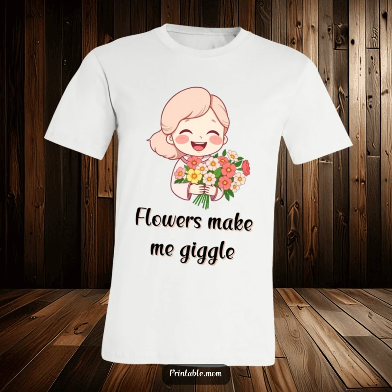 Funny t-shirt showing a mom character laughing heartily while holding a bouquet of flowers, symbolizing joy and appreciation.