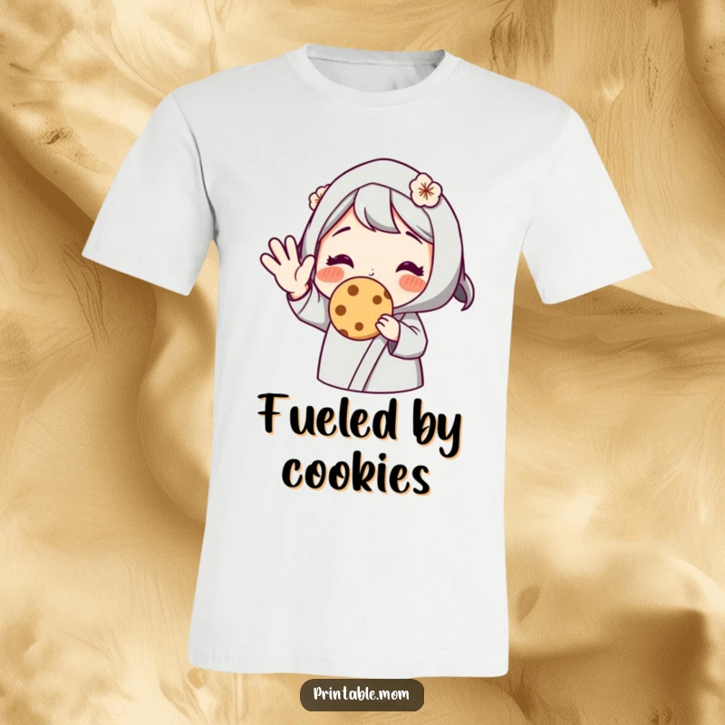 Funny t-shirt of a mom character cheerfully waving while offering a warm cookie, representing hospitality and delicious treats, a perfect gift.
