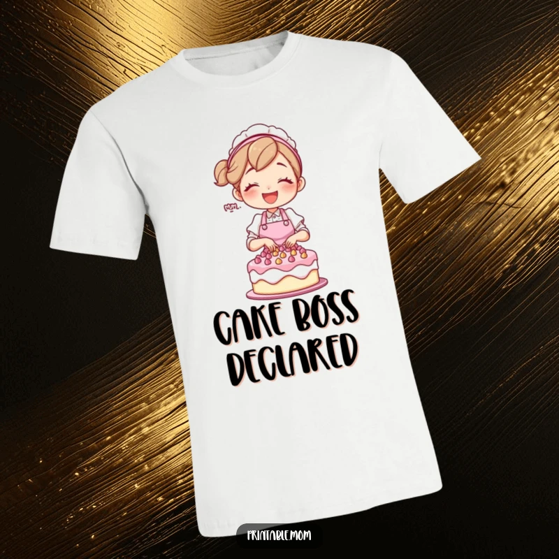 Funny mom character in an apron, joyfully decorating a cake, on a comfortable t-shirt.