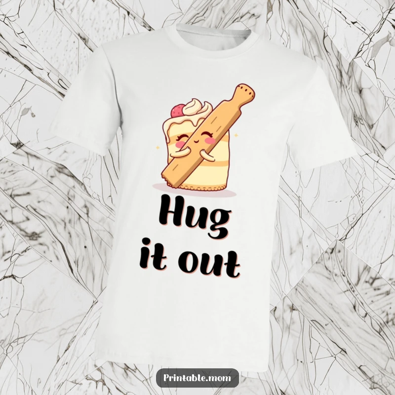 Funny Cake T-Shirt of a cheerful dessert attempting to hug a giant rolling pin, a humorous and relatable baking design.