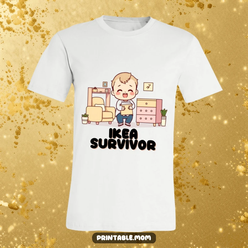 Funny t-shirt depicting a character comically struggling with flat-pack furniture assembly instructions.