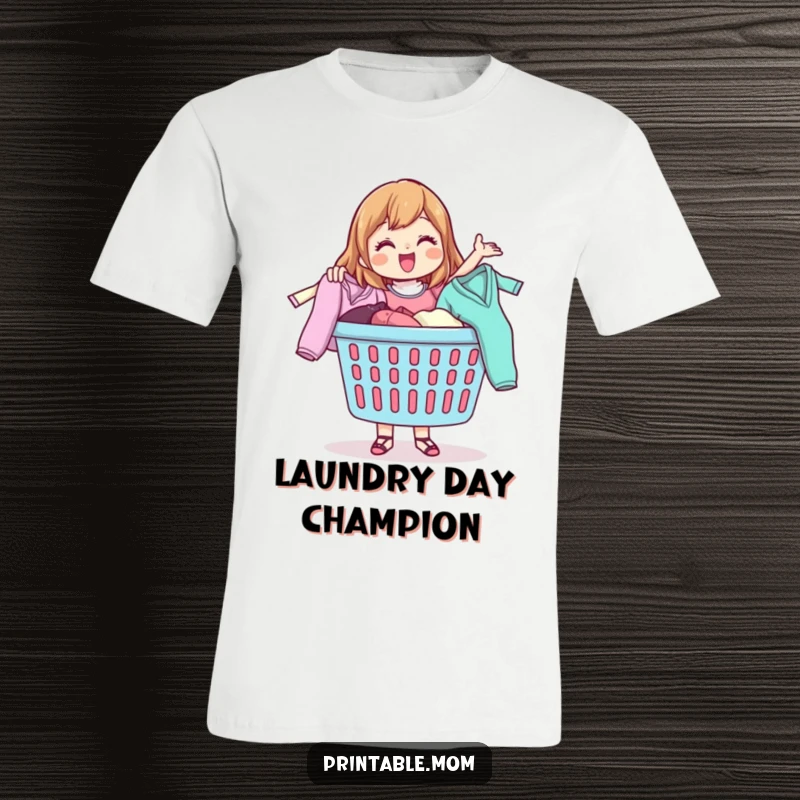 Funny t-shirt showing a happy mom character playfully tossing clothes from a laundry basket, embracing laundry duty.