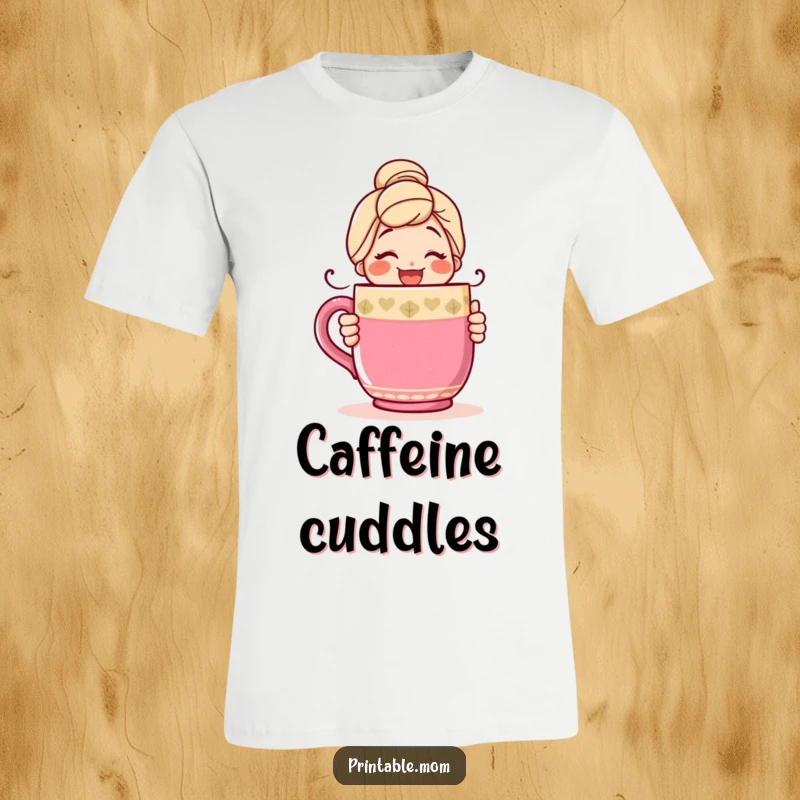 Funny t-shirt featuring a happy mom with a warm smile, giving a big hug to an enormous, vibrantly colored coffee mug.