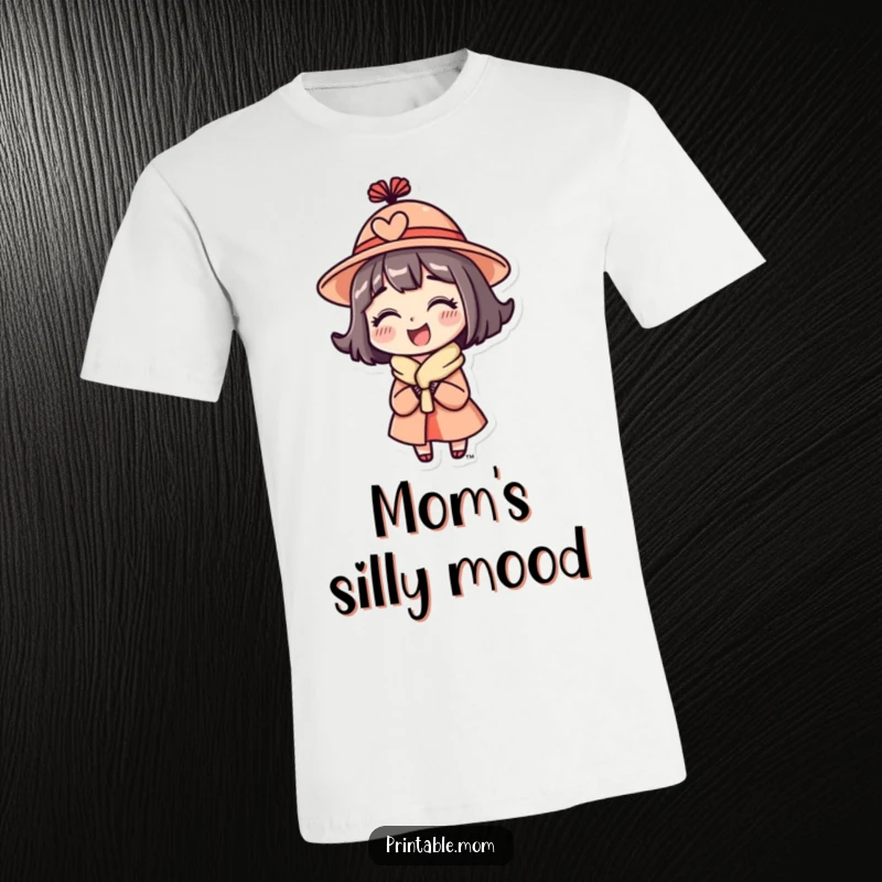 Funny Mom T-Shirt of a mom character wearing a funny hat and looking incredibly delighted.