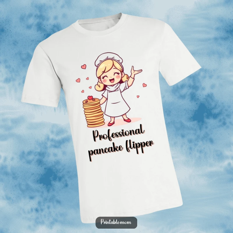 Funny t-shirt showcasing a cheerful mom character with bubbly energy, expertly juggling a precarious stack of pancakes with a joyful expression.